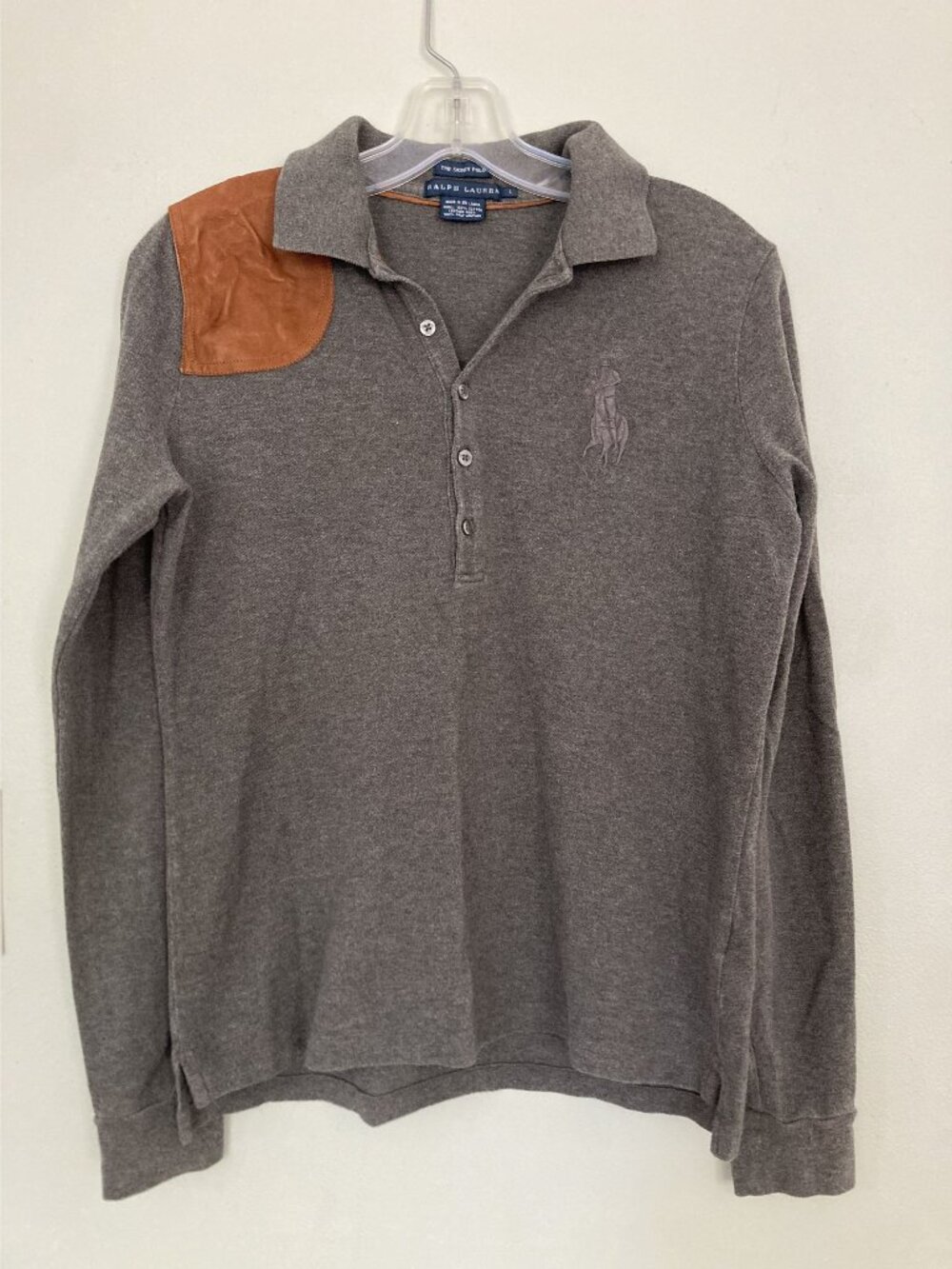 Ralph Lauren Polo Shirt W/ Suede Shoulder Patch Gray Long Sleeve Boys Size L